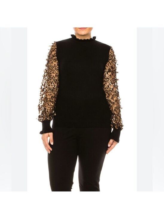 Sioni Sweaters - Sioni Leopard Lace Mesh Long Sleeve Ruffle Mock Neck Sweater Top Size Medium